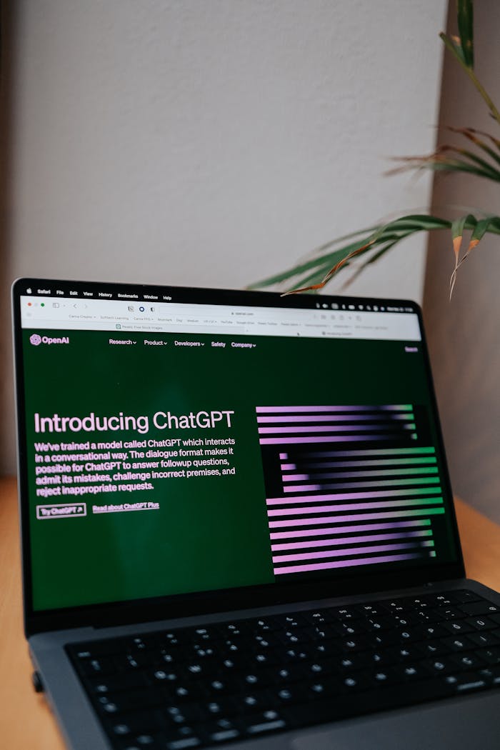 OpenAI ChatGPT introduction on a laptop screen with focus on new AI features.