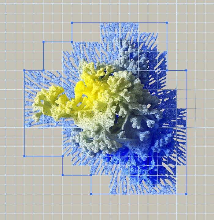 Colorful abstract 3D rendering of neural networks with vibrant blue and yellow gradients.